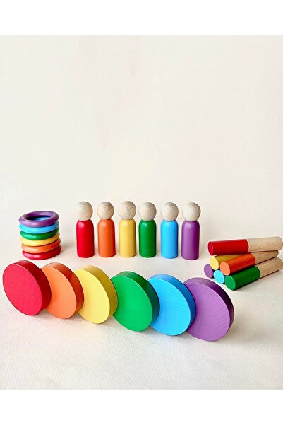 Arden Toy Store Doğal Ahşap Oyuncak Waldorf Renkli Peg Bebek Halka Daire Çubu...