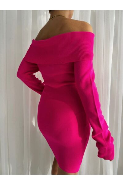 dükkan10butika Rochie tricotaje cu guler Madonna cu mânecă lungă de damă fucsia