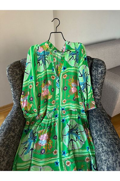 Natavanbutık Green Cotton Mixed Patterned Summer Long Dress - Jalabiya