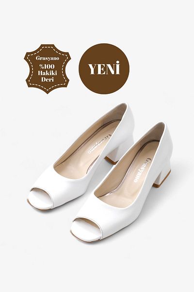 Grasyano White Genuine Leather Thick Heeled Sandals - Soft and Comfortable, 4.5 cm Heel