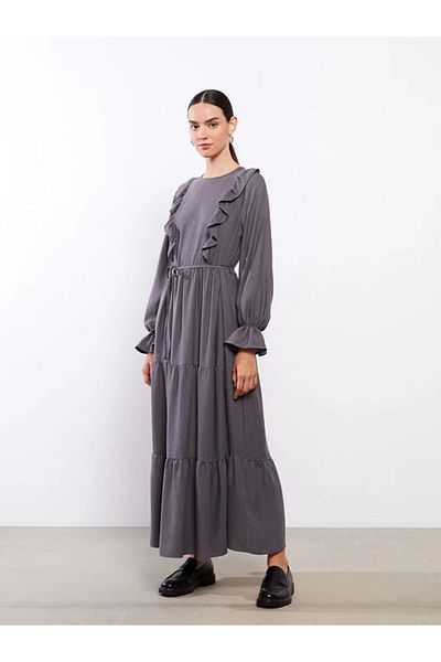 LC Waikiki Lcw Modest - Dark Grey, Crew Neck, Women's Long Sleeve Dress