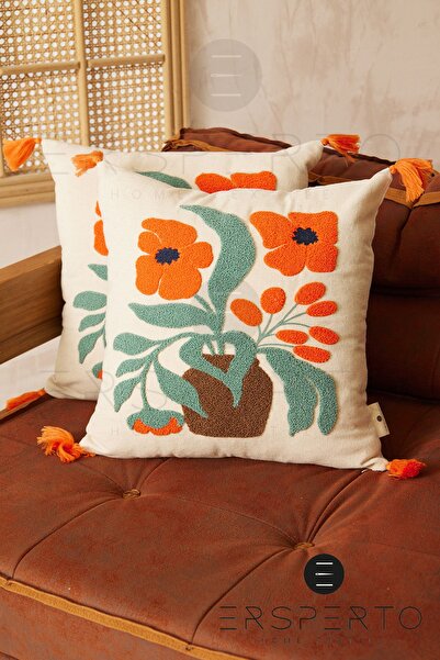 Ersperto وسادة رمي مزخرفة بالزهور من الكتان - غطاء وسادة قطعة واحدة مقاس 43 ×...