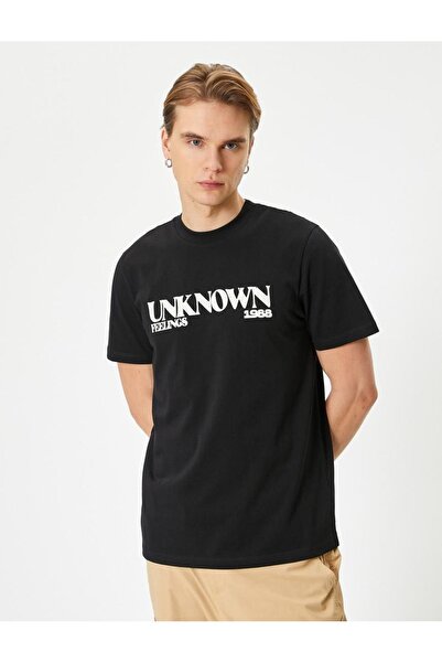 Koton Σύνθημα εμπριμέ μπλουζάκι με λαιμόκοψη με κοντό μανίκι