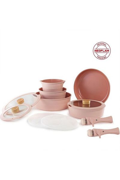 NEOFLAM Midas Pink 12 Piece (With Spare Handle) Interlocking Induction Pot and Pan Set with Detachable Handle