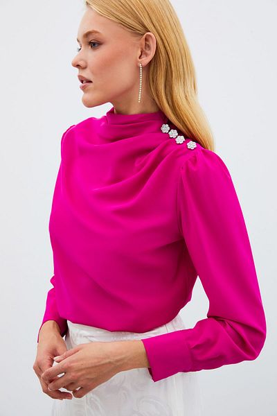 Sateen بلوزة بأزرار وأحجار - فوشيا