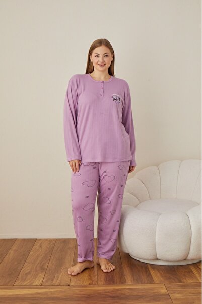 Temporium Γυναικεία Σετ Πιτζάμες με μακρυμάνικο γιακά με κεντητό σχέδιο χειμερινού μεγάλου μεγέθους