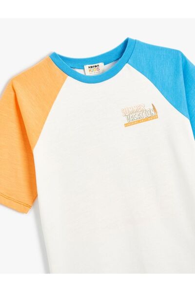 Koton Boys' T-Shirt - Short Sleeve, Crew Neck, Printed Detail, Color Block Cotton