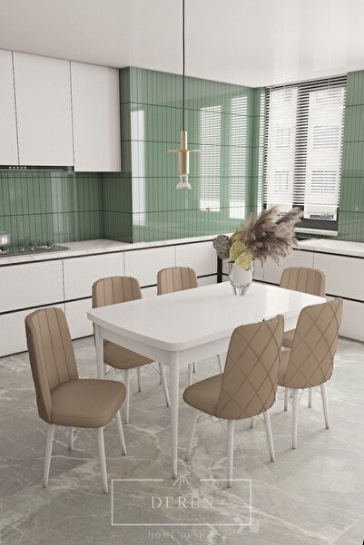 Astera Series Pop-up Table + 6 Pcs Kağiçino Baby Face Fabric Kitchen Living Room Dining Room Set