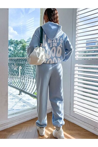 coolart Σετ φούτερ και φόρμα Alwas Good Jogger - Μπλε με στάμπα, με κουκούλα