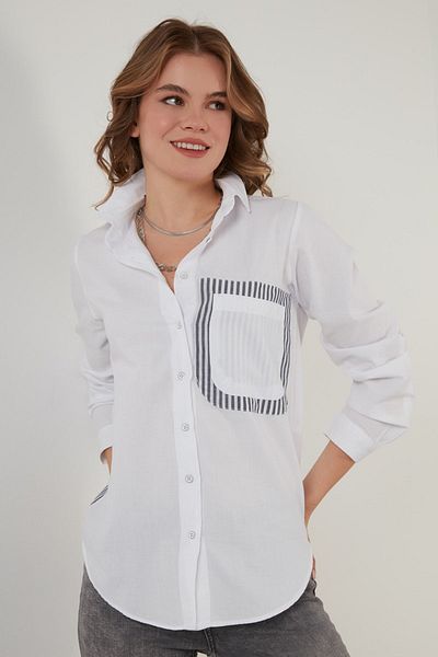 Lela Cămașă cu dungi 100% bumbac cu detaliu asimetric la spate Cămașă pentru femei51435691