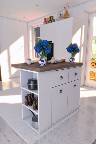 RAFİNERİ Mdf Adore Çok Amaçlı Mutfak Adası 2 Kapaklı Raflı Çekmeceli