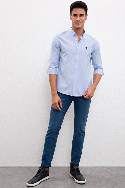 U.S. Polo Assn. Cămașă Slim Fit pentru bărbați, cu logo-ul Polo SUA, în amestec de bumbac, cu guler cu nasturi, G081GL0041829634