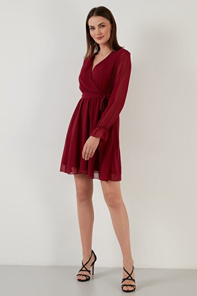 Lela Kruvaze Yaka Bağlama Detaylı Şifon Mini Elbise Kadın Elbise 6051467