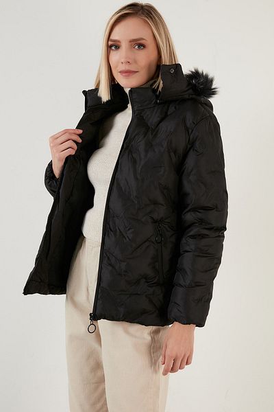 Lela Removable Hooded High Collar Coat with Faux Fur Collar Women's Coat 5760089