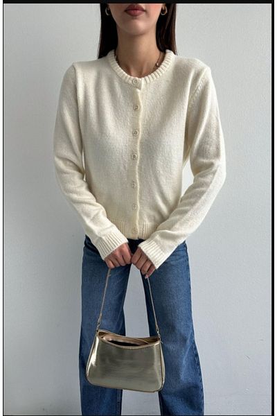fujya Women's Crew Neck Raised Ecru Knitwear Cardigan