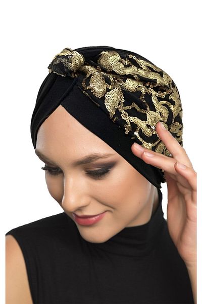 fidan bone Special Design Black with Gold Sequins Ethnic Patterned Lined Ready-made Hijab Hijab Evening Dress Bonnet