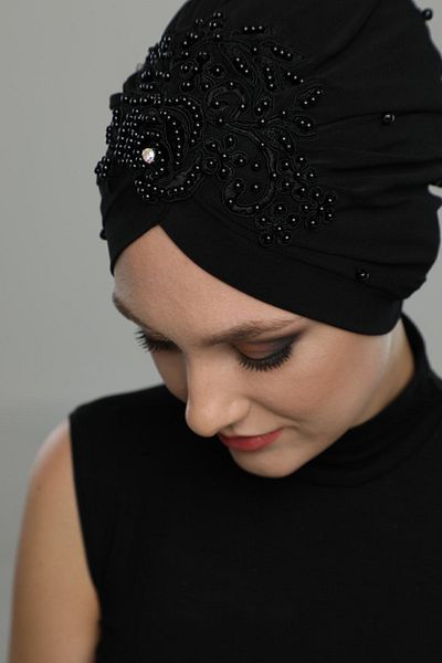 fidan bone Ripped Lined Embroidered Black Rose Motif Ready-made Hijab Hijab Evening Dress Bonnet
