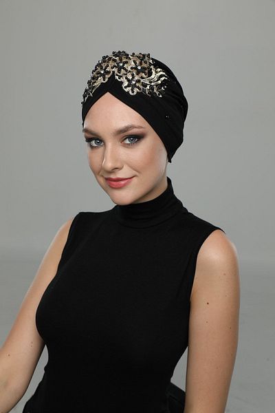 fidan bone Ripped Lined Embroidered Black Wide Threaded Motif Ready-made Hijab Hijab Evening Dress Bonnet