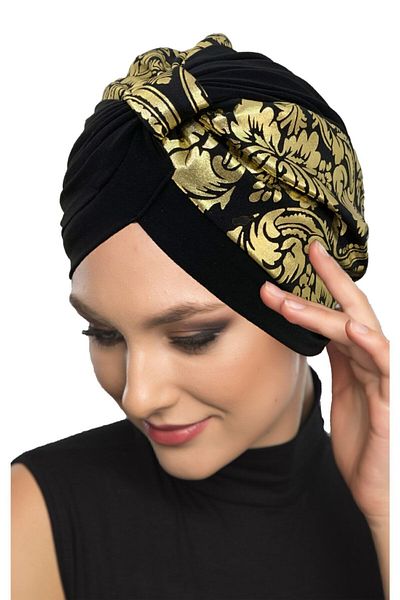 fidan bone Special Design Black with Gold Ottoman Motif Lined Ready-Made Hijab Hijab Evening Dress Bonnet