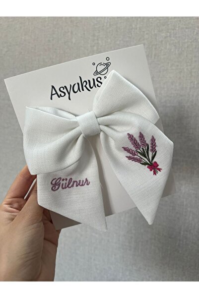 asyakuş İsim Ve Lavanta Çiçek Nakışlı Fiyonk Otomatik Toka
