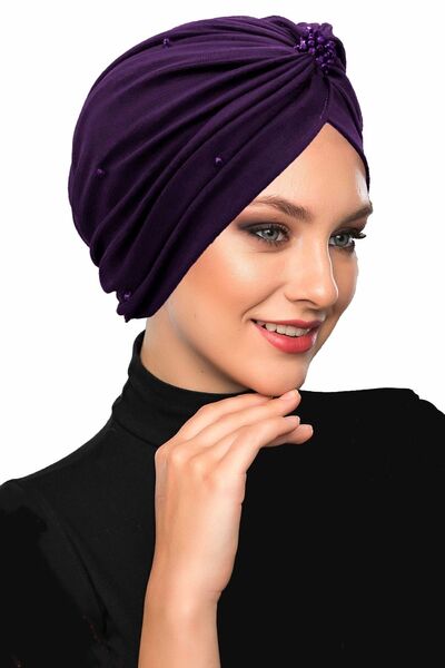 fidan bone Kristal Tüllü Astarlı Mor Hazır Türban Tesettür Abiye Bone