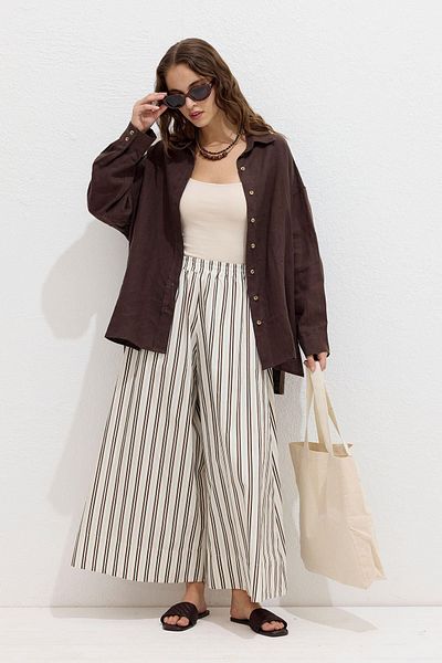 Manuka Beige Striped Cotton Trousers
