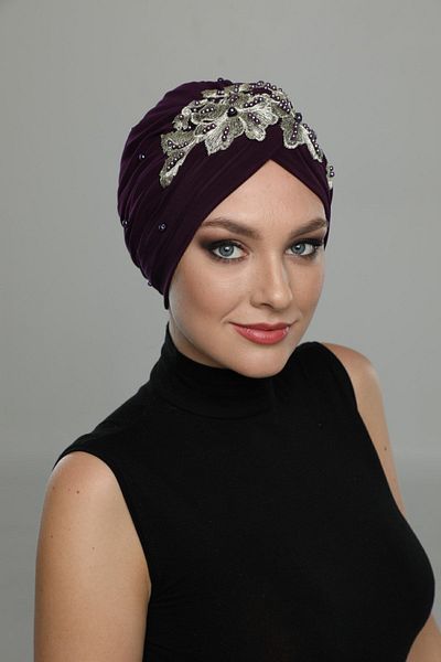 fidan bone Căptușeală ruptă, brodat, mov cu fire, rochie de seară hijab hijab gata făcută Bonnet