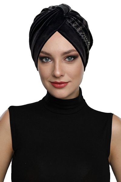 fidan bone Special Design Black Silver Almond Patterned Velvet Textured Lined Ready-Made Hijab Hijab Evening Dress Bonnet