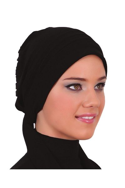 fidan bone Pleated Lacing Black Ready Turban Hijab Bonnet