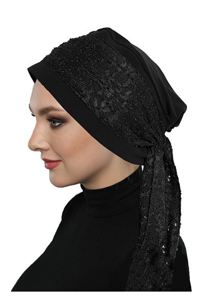 fidan bone Lace Bandana Black Ready-made Turban Hijab Bonnet