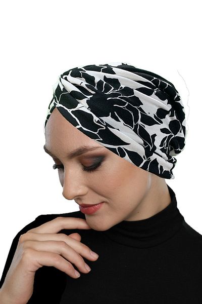 fidan bone Patterned Cross Combed Cotton Black Floral Motif Ready-made Headscarf Hijab Pool Bonnet