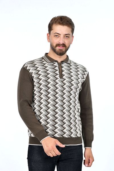 Kamalı Brown Men's Steel Knit Shirt Collar Zippered Polo Collar Non-Pilling Knitwear Winter Sweater