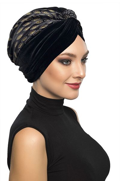 fidan bone Special Design Black Gold Almond Patterned Velvet Textured Lined Ready-made Hijab Hijab Evening Dress Bonnet