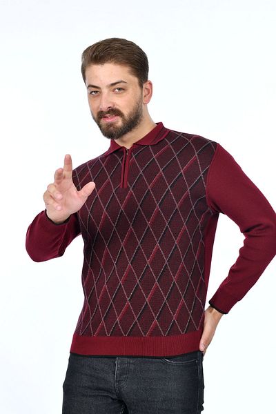 Kamalı Cămașă pentru bărbați din tricot din oțel cu model diamantat, guler cu fermoar, guler polo, tricotaje anti-pilling, pulover de iarnă pentru tată