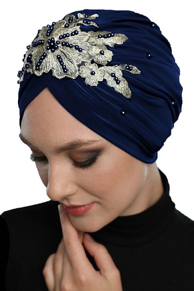 fidan bone Detachable Lining Embroidered Navy Blue Yellow Lace Motif Ready-made Hijab Hijab Evening Dress Bonnet