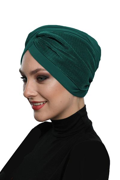 fidan bone Cross Pleated Green Ready-made Scarf Hijab Pool Bonnet