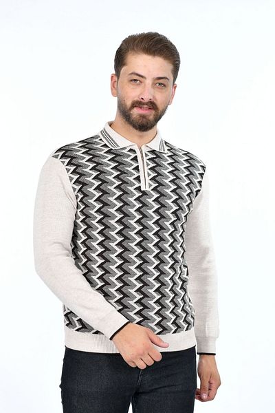 Kamalı Men's Winter Dad Sweater - Plaid Pattern, Shirt Collar, Zippered, Polo Collar, Non-Pilling Knitwear