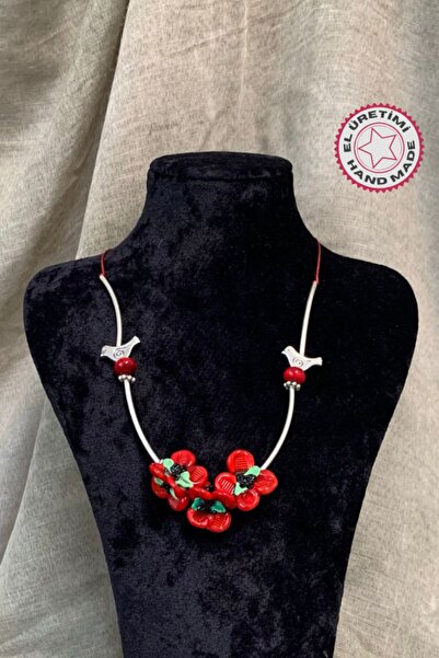 Uretti 1857 موديل قلادة زجاج مورانو - تفاصيل الخشخاش والطيور، أحمر