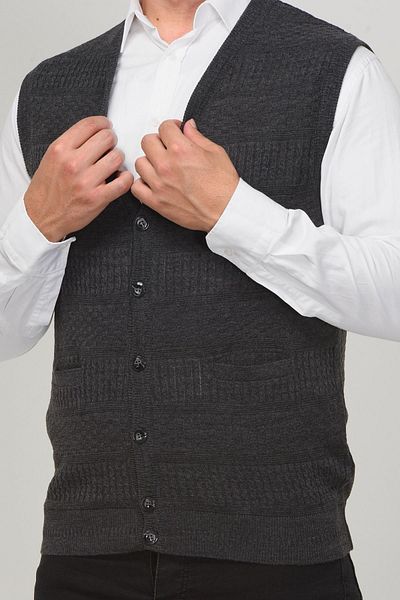 Kamalı Gray Men's V-Neck Knitwear Buttoned Pocket Hair Knit Regular Fit Premium Non-Pilling Knit Vest