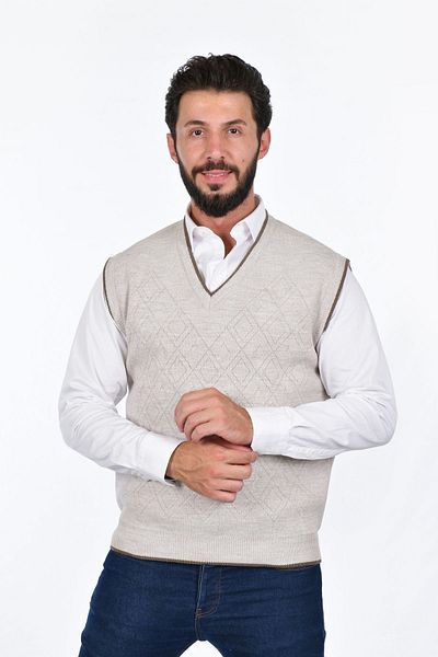 Kamalı Cream Men's Steel Knit Intersiye Winter Thick Knitwear V-Neck Knitwear Knit Non-Pilling Jumpers