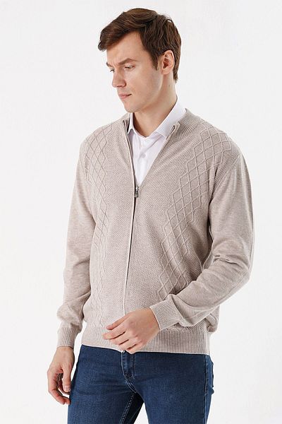 Morven Men's Beige Zippered Dynamic Fit Patterned Cardigan