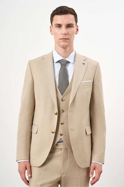 Morven Beige Slim Fit Polyester Basic Mono Collar Suit with Vest