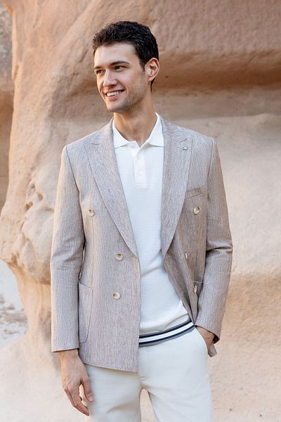 Morven Beige Pointed Collar Double Breasted Slim Fit Sports Jacket - Bag Pocket