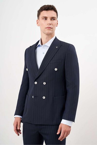 Morven Navy Blue Slim Fit Double Breasted Suit - Polyviscose, Pointed Collar