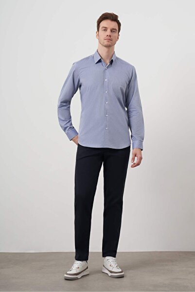 Morven Чоловіча сорочка темно-синя з бавовни з принтом, кишенями та жорстким коміром, прямий крій