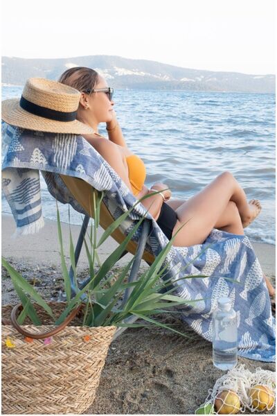TEOHOMELİNENS Fish Patterned Muslin Peshtemal - 100% Cotton, Blue 100X175 cm Beach Towel