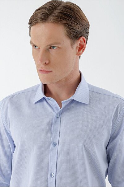 Morven Ανδρικό πουκάμισο A. BLUE με βαμβακερό σχέδιο με ιταλικό γιακά με λεπτή εφαρμογή