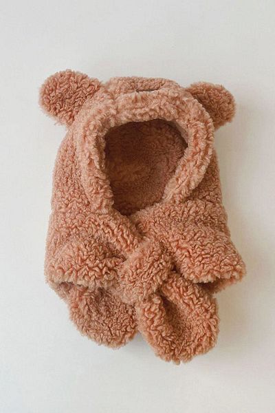Bundera Avis Brown Children's Hooded Plush Beanie Scarf Welsoft Neck Collar Windproof Ear Hat