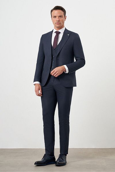 Morven Navy Blue Slim Fit Striped Polyviscon Suit - Men's, Pointed Collar with Vest