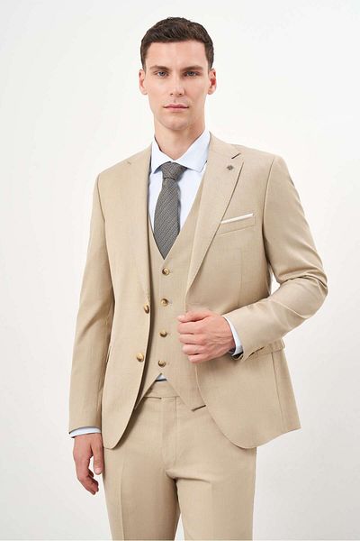 Morven Beige Slim Fit Polyester Basic Mono Collar Suit with Vest